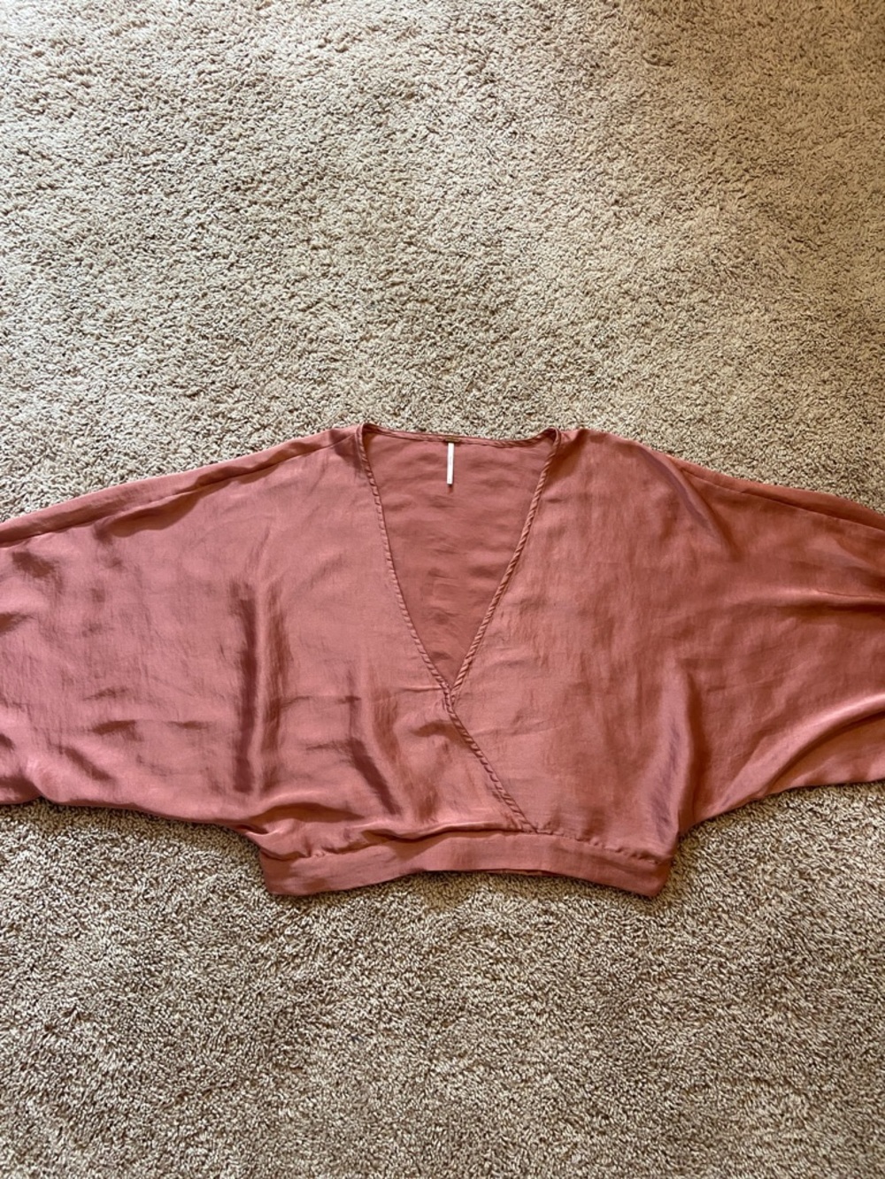 Free People Dusty Rose V-Neck Balloon Sleeve Satin Blouse